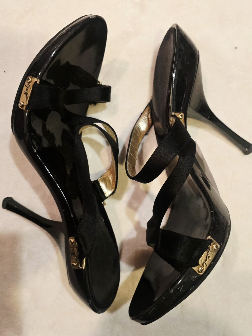 Giuseppe ZANOTTI Black Patent High Heel Sandals with Gold Accents 8.5